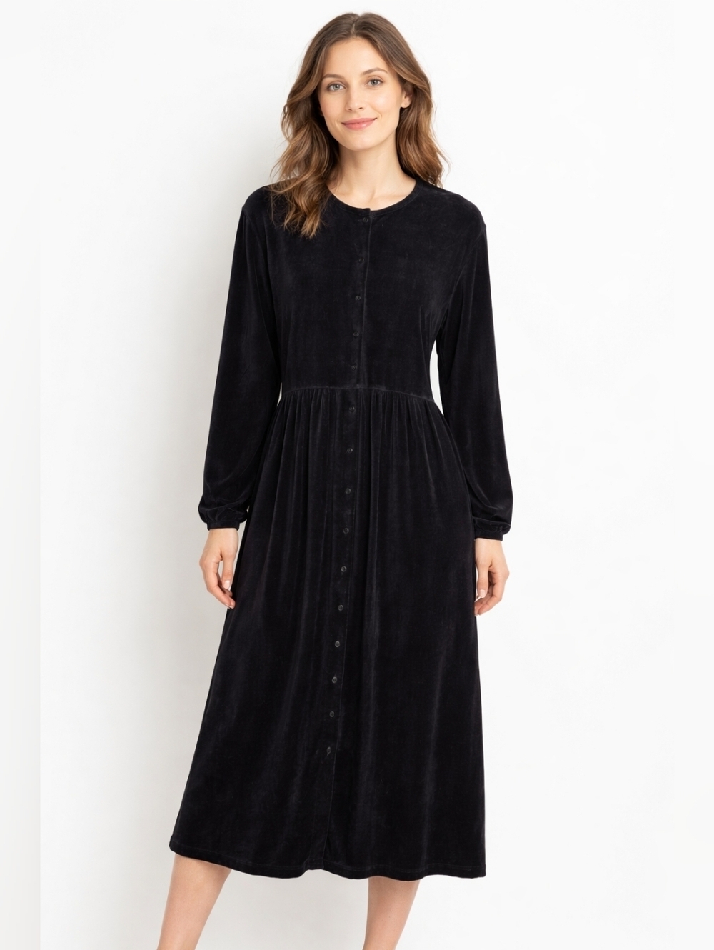 Vintage Eddie Bauer Button Long Sleeve Velvet Black Women's Maxi Dress XL Tall